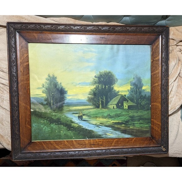 Scenic Landscape Lithograph of Woman and Child 1904
